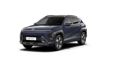 Hyundai KONA Hybrid SUV, framifrån i sned vinkel, mörkblå.