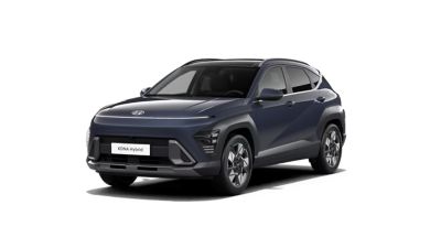 Hyundai KONA Hybrid SUV, framifrån i sned vinkel, mörkblå.