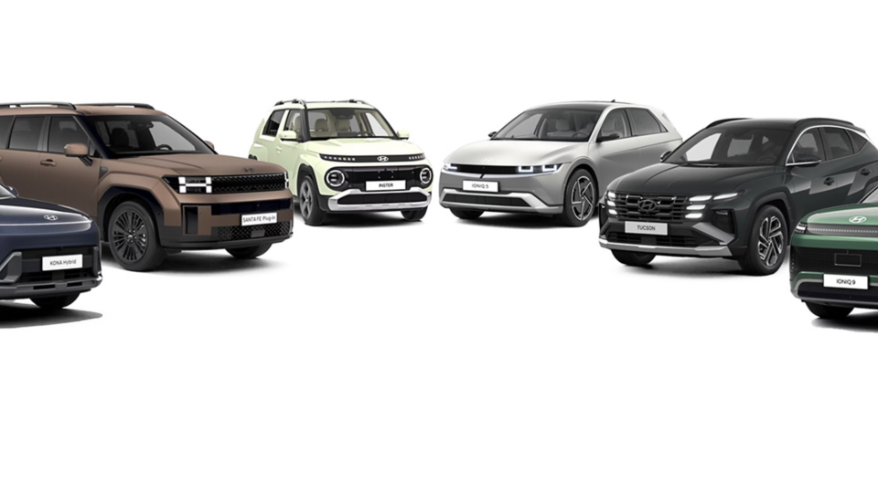 Hyundai SUV and EV lineup displayed with KONA Hybrid, SANTA FE Plug-in Hybrid, INSTER, IONIQ 5, TUCSON and IONIQ 9.