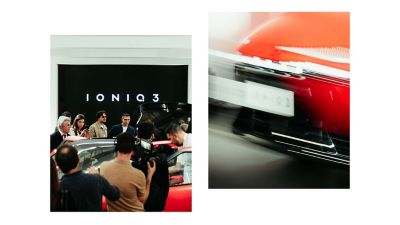 Crowd around Hyundai display with IONIQ 3 presentation and media filming at Milan Design Week