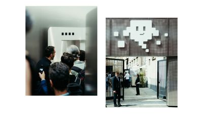 Milan Design Week entrance with crowd and pixel art display above gate