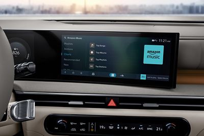 A close up of the infotainment screen with Amazon music streaming inside the Hyundai NEXO.