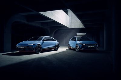 The all-electric Hyundai IONIQ 5 N and IONIQ 6 N parked in light and shadow.