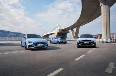 The high-performance Hyundai IONIQ5 N, i30 N and i20 N parked together.