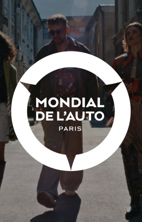 Paris Motor Show logo with the background of people walking along a city street in an urban setting.