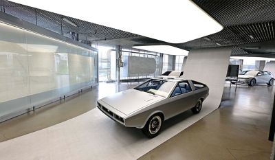 The Pony Coupe Concept on display at Hyundai Motorstudio Seoul.