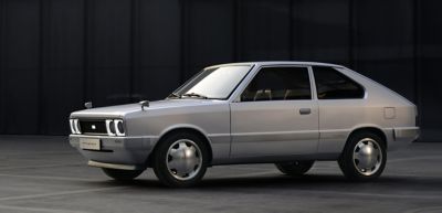 The Hyundai Pony Coupe Concept car recreated from the original 1974 design: a retro-futuristic classic of flowing geometric lines.