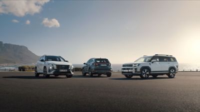 Three Hyundai SUVs parked next to a mountainous bay, Tucson, Kona and Santa Fe.