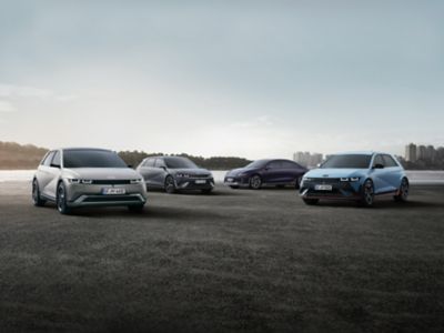 Hyundai diverse fleet displayed positioned in front of a city skyline.
