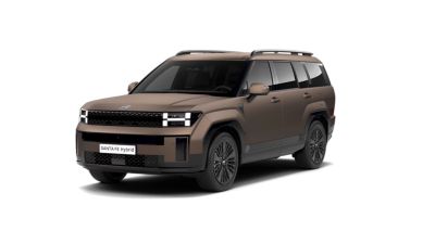 Hyundai SANTA FE Plug-in Hybrid SUV, framifrån i sned vinkel, matt mässing.