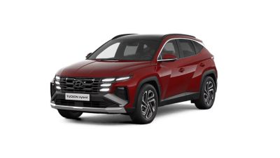 Röd Hyundai TUCSON Hybrid framifrån i trekvartsvy. 