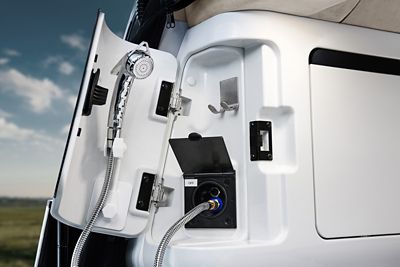 Rear Shower onboard the Hyundai STARIA Camper Concept all-electric premium recreational vehicle.