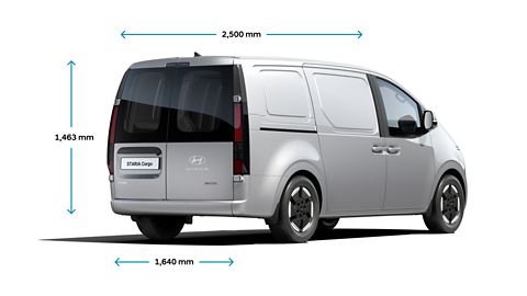 Rear view of Hyundai STARIA Cargo electric with dimension information.