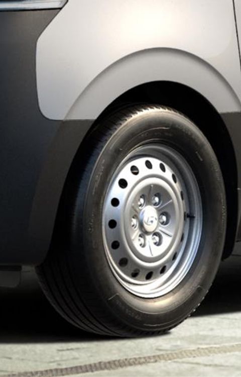 A close-up image of front wheel of Hyundai STARIA Cargo electric.