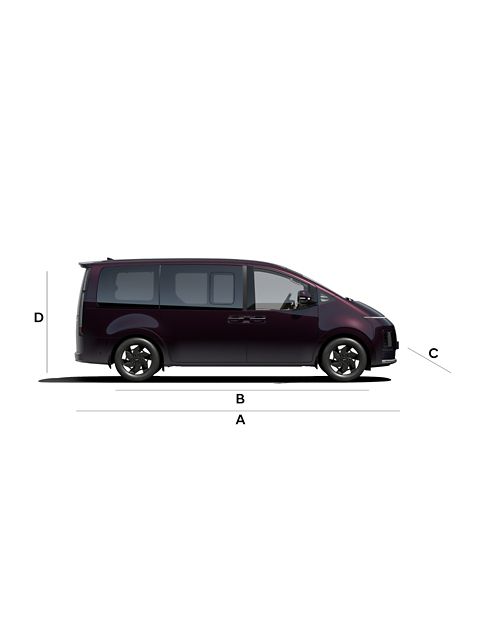 Side view of a Hyundai STARIA Electric, and labeled dimensions on a white background.