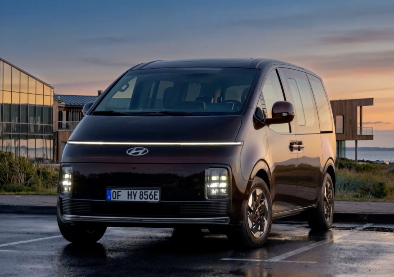 Hyundai STARIA Electric von vorne betrachtet, mit einem Sonnenuntergang im Hintergrund.