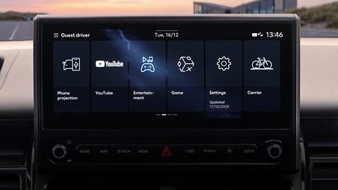 Hyundai STARIA Electric infotainment touchscreen showing entertainment and settings menus.