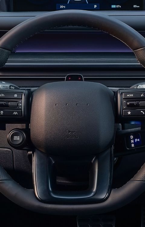 Hyundai STARIA Electric cockpit close-up showing steering wheel controls