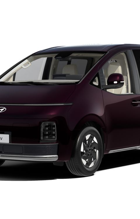 Hyundai Staria Electric Luxury in Maroon Pearl, front three-quarter view