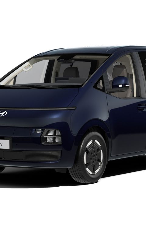 Hyundai Staria Electric Wagon in blue, front three-quarter view