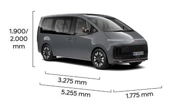 Image of the STARIA Hybrid Van showing the exterior dimensions of the vehicle.