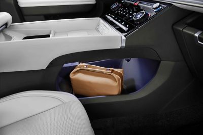 Consola central del Hyundai SANTA FE con prácticos compartimentos integrados.