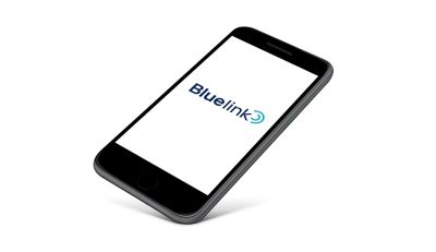 A smartphone with the Hyundai Bluelink logo. 