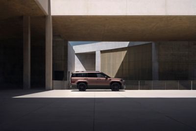 De Hyundai Santa Fe geparkeerd voor een modern gebouw met zon en schaduwen.