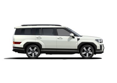 The Hyundai SANTA FE Hybrid in white shown from the side.