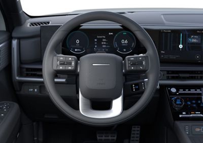 The steering wheel of the Hyundai Santa Fe with steering wheel mounted electronic shift lever.
