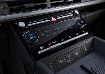 The 6.6" climate control touchscreen inside the Hyundai Santa Fe SUV. 
