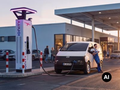 Worker standing beside a Hyundai Staria Cargo charging at an IONITY station.