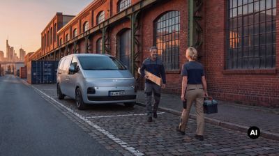 Business professionals working beside Hyundai STARIA Cargo.