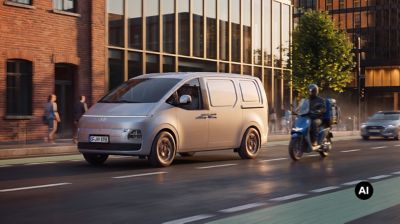 Hyundai Staria Cargo electric driving through a city street alongside urban traffic.