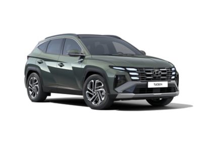 Hyundai TUCSON Hybrid w dynamicznym widoku z przodu i z boku.