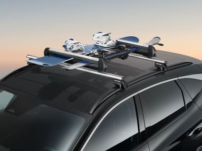 Hyundai Genuine accessory ski carrier on roof of TUCSON SUV.
