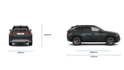 Two images showing the dimensions of the Hyundai TUCSON Plug-in Hybrid. 