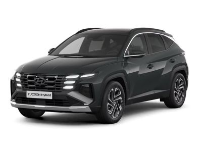 Hyundai TUCSON Hybrid SUV, framifrån i sned vinkel, svart.