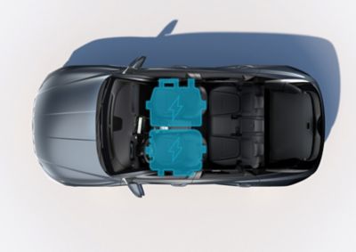 Birds-eye picture of the Hyundai TUCSON Plug-in Hybrid highlighting the position of the battery on the underbody.