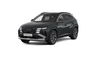 Hyundai TUCSON Plug-in Hybrid SUV, framifrån i sned vinkel, svart.