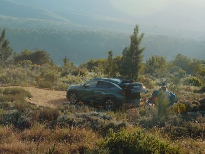 Hyundai TUCSON Híbrido Enchufable aparcado en un camino de grava en el bosque..