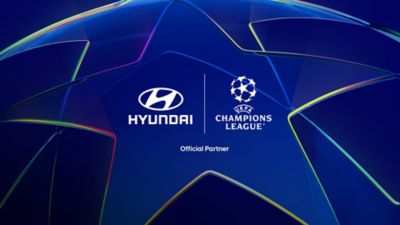 Hyundai x UEFA Champions League logo on a football-themed background.