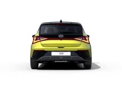 Der neue Hyundai i20 in der aufpreispflichtigen Farbe Lucid Lime Metallic von hinten.