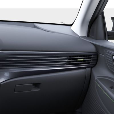 The sleek horizontal blades of the dashboard of the Hyundai i20. 