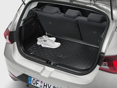 The anti-slip and waterproof trunk liner with raised edges in the Hyundai i20. 