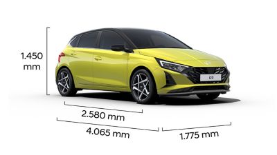 An image of the Hyundai i20 showing its exterior dimensions.