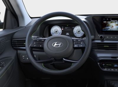 A picture of the sporty steering wheel of the Hyundai i20. 