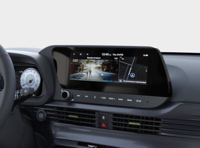 A close-up of the Hyundai i20 dashboard with 10.25" digital cluster.
