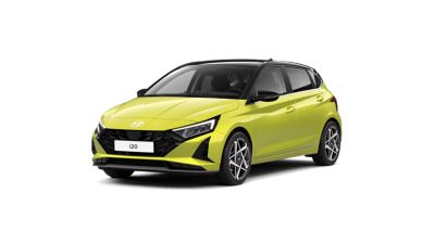  Hyundai i20, framifrån i sned vinkel, gul.