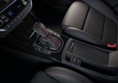 Center console of Hyundai i30 Hatchback N Line with automatic gear selector.